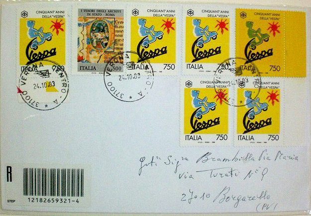 Briefstuk Itali met zegels met Gele Vespa