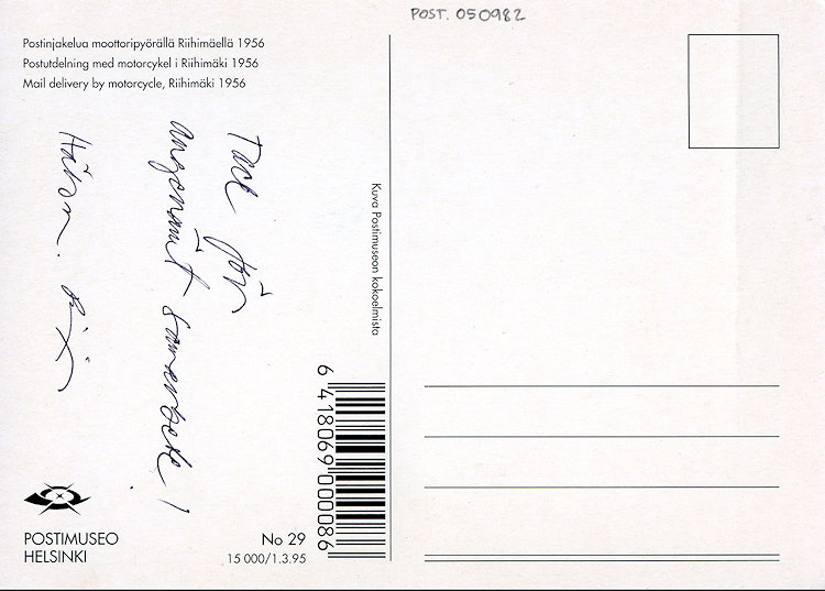 Achterkant postkaart met Finse postbode op Jawa Perak