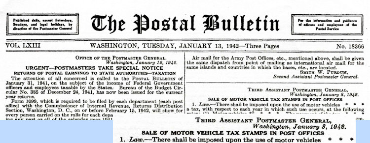 USA Postal Bulletin met mededeling invoering Motor Vehicle Tax Stamps