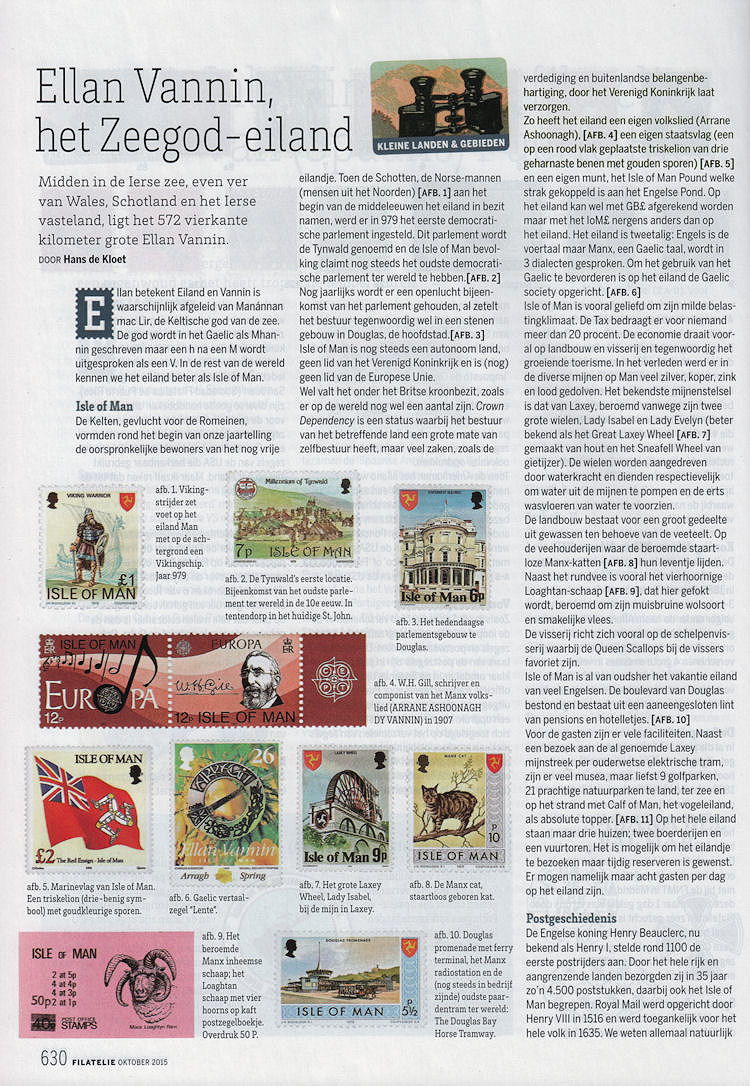 Artikel van Hans de Kloet over het Eiland Man uit het blad Filatelie 2015 p 630