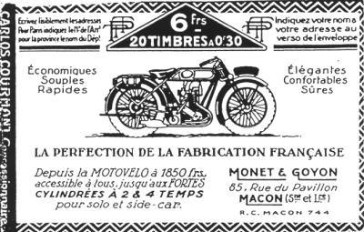 Postzegelboekje met advertentie voor Monet et Goyon motoren
