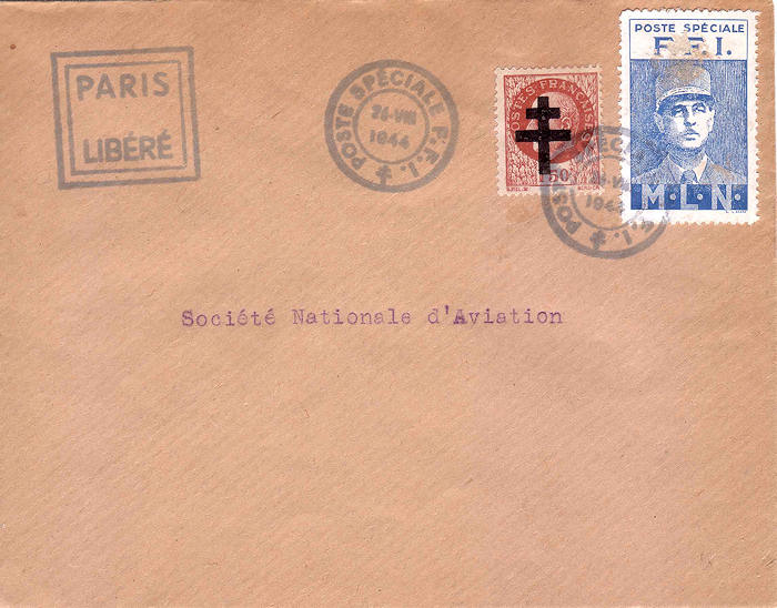 F.F.I. Envelop met stempel 26-08-1944 en tekst 'Paris Libéré' linksboven