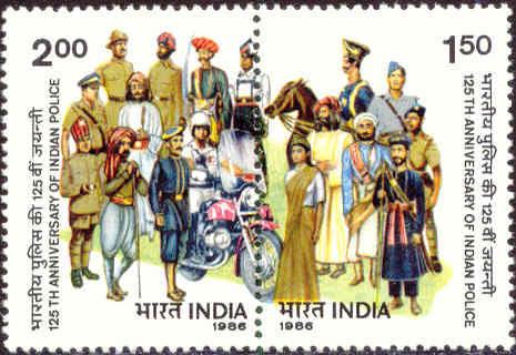 Samenhangende postzegels India tgv. 125 jaar politie