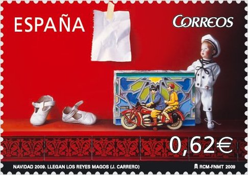 Kerstzegel Spanje 2009 met blikken motorfiets