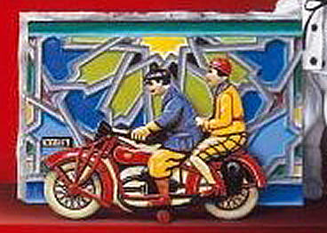 Detail van blikken motorfiets Kerstzegel Spanje 2009