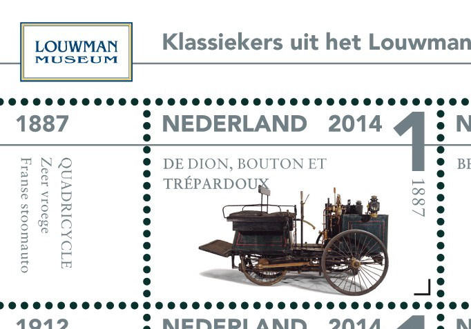 Velletje nederland met De Dion Bouton et Trepardoux 3-wieler uit Louwman Museum