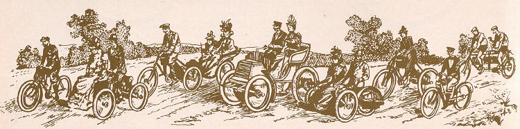Afbeelding met diverse gemotoriseerde voertuigen rond 1900, waaronder Leon Bollee 3-wieler