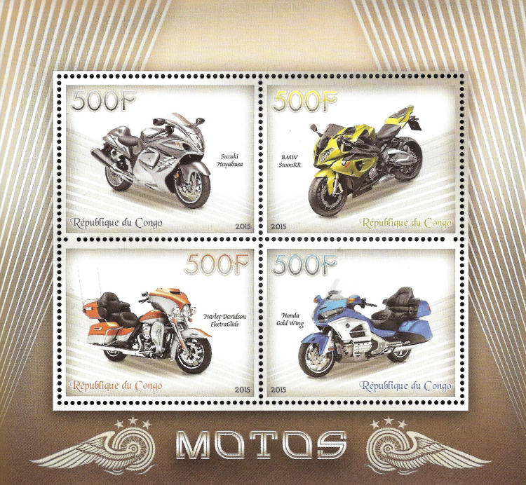 Blokje postzegels met afbeeldingen van motoren, waaronder een Honda Gold Wing