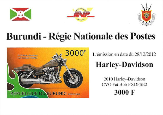 Burundi - blokje met Harley-Davidson CVO Fat Bob FXDFSE