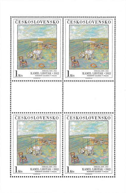 Postzegelblokje met tricar naar een schilderij van Kamil Lhoták