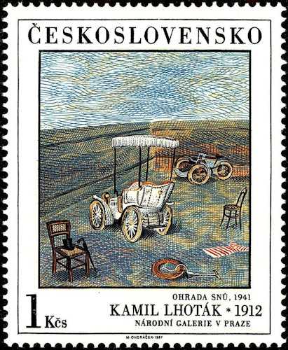 Postzegel met tricar naar een schilderij van Kamil Lhoták