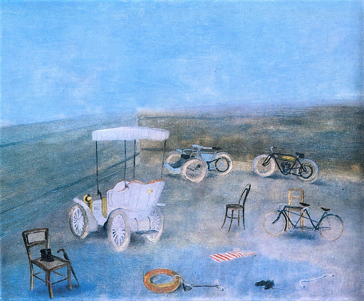 Schilderij van Kamil Lhoták met onder andere een tricar en een motorfiets
