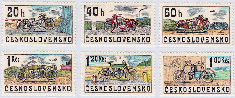 Serie postzegels met motoren, getekend door Kamil Lhoták