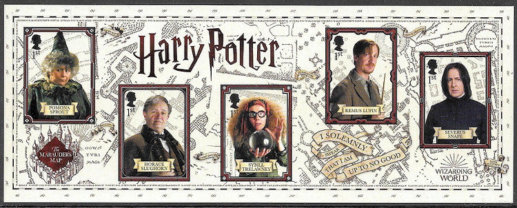 Vel Engelse Harry Potter postzegels met de 5 professoren