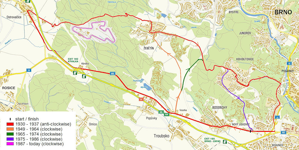 Overzicht van het circuit van Brno door de jaren heen