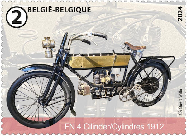 Postzegel uit velletje Belgische Iconische Motoren met FN 4-cilinder