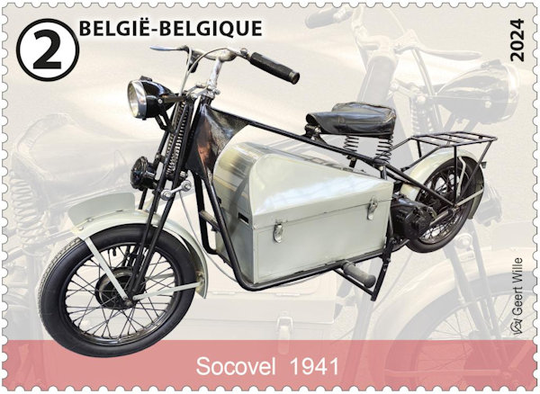 Postzegel uit velletje Belgische Iconische Motoren met Socovel elektrische scooter