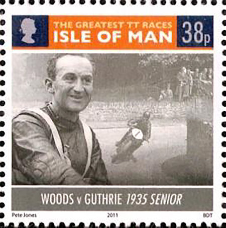 Postzegel Isle of Man met strijd Woods vs. Guthrie