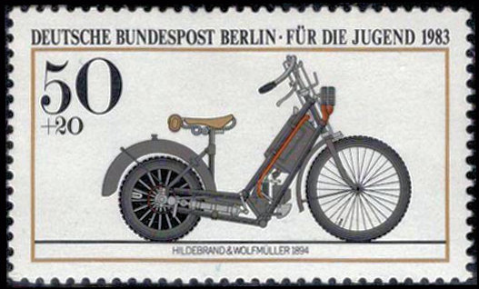 Postzegel met Hildebrand & Wolfmüller, de eerste commerciële motorfiets
