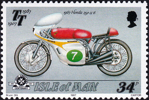 Postzegel Eiland Man met Honda 250cc 6/cilinder racemotor