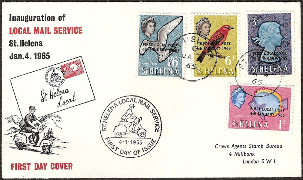 FDC St. Helena tgv. de uitgifte van de start van de lokale postdienst in 1965