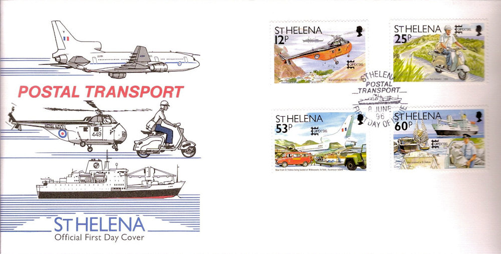 FDC St. Helena met serie met thema posttransport
