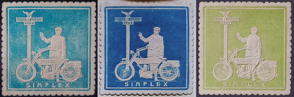 Simplex sluitzegels met motorfiets, circa 1913