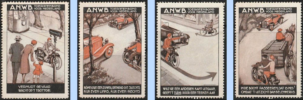 ANWB zegels met motorfietsen, uitgegeven in 1932 tbv. verkeerseducatie