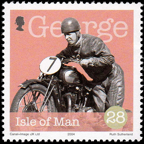 Postzegel Man met George Formby als motorcoureur George Shuttleworth