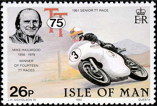 Postzegel Man met Mike Hailwood op een Norton wegracer