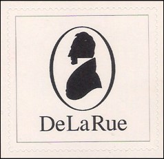 Testlabel voor een zelfklevende postzegel, met silhouet van Thomas De La Rue