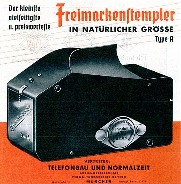 Advertentie voor de Komusina postzegelplakmachine