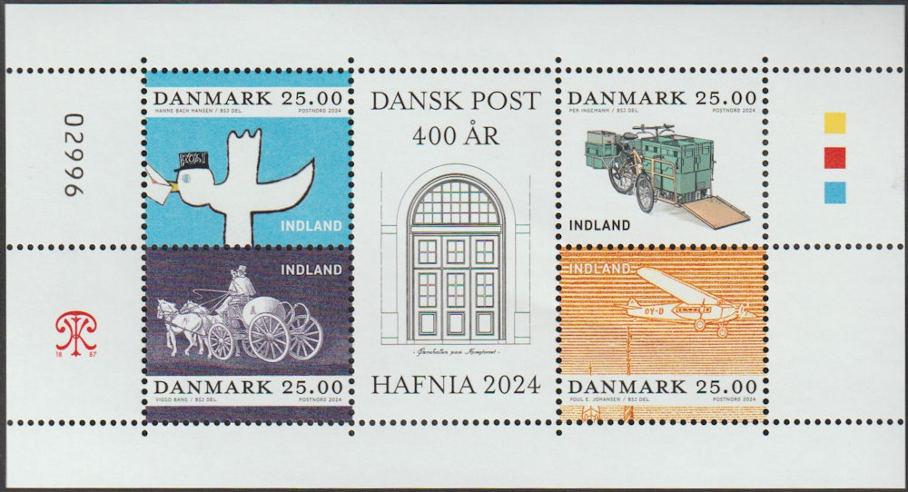 Deens postzegelvel tgv. Hafnia 2024, met o.a. Nihola elektrische fiets