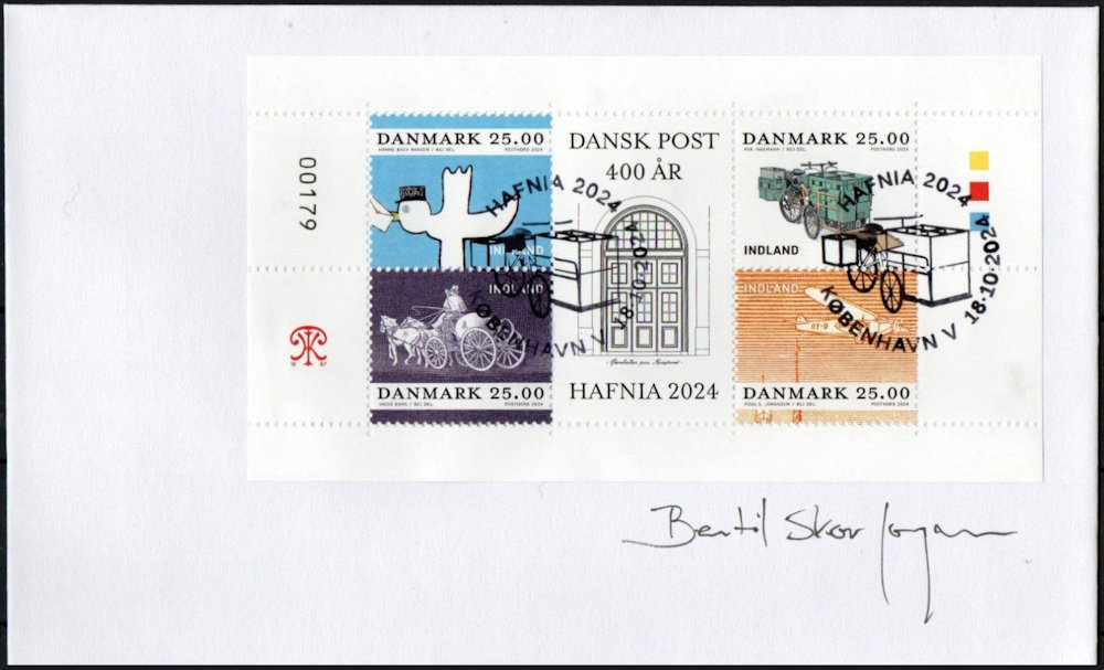 FDC met Deens postzegelvel tgv. Hafnia 2024, met o.a. Nihola elektrische fiets