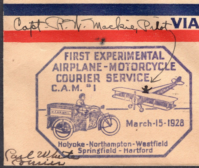 Detail van envelop USA tgv. 1e gecombineerde luchtpost - motor bezorgdienst
