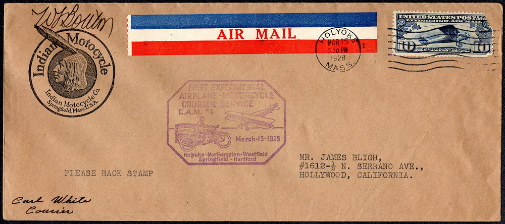 Envelop USA tgv. 1e gecombineerde luchtpost - motor bezorgdienst met handtekening W.S. Bouton