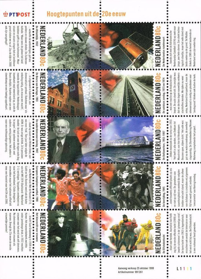 Postzegelvel Nederland 1999 met belangrijke gebeurtenissen 20e eeuw