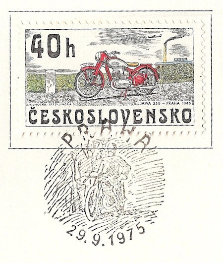 Postzegel en stempel Tsjecho-Slowakije met afbeelding Jawa motorfiets