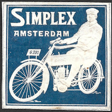 Label van de Simplex motoren- en fietsenfabriek, kleur blauw