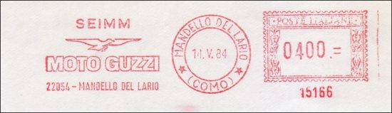 Frankeerstempel met het Moto Guzzi logo met de vliegende adelaar