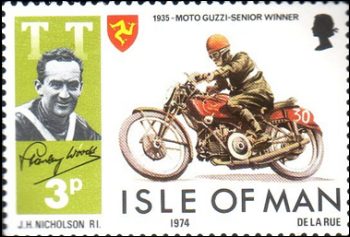 Zegel met de 1935 Senior TT-winnaar Stanley Woods op Moto Guzzi