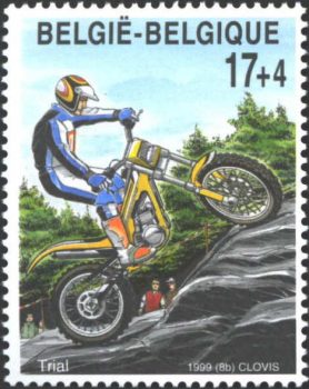 Belgische postzegel met daarop een GasGas trialmotor