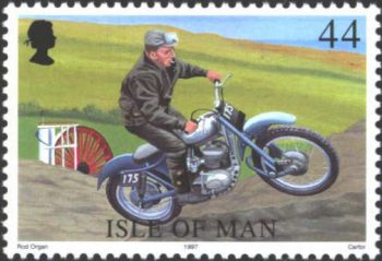 Postzegel Man met daarop een Greeves trialmotor