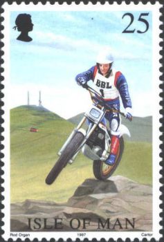Postzegel Man met daarop een Honda RTL trialmotor