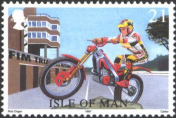 Postzegel Man met daarop een GasGas trialmotor