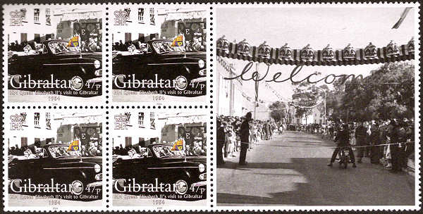 Zegels Gibraltar met Gutter label met motorfiets