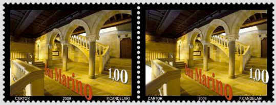 3D-postzegelstrip San Marino met afbeelding van interieur Palazzo Pubblico