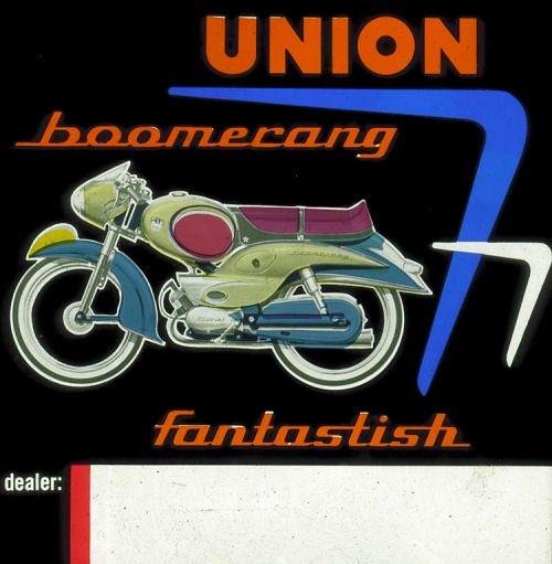 Folder Union Boomerang bromfiets, ontworpen en getekend door Charles Burki