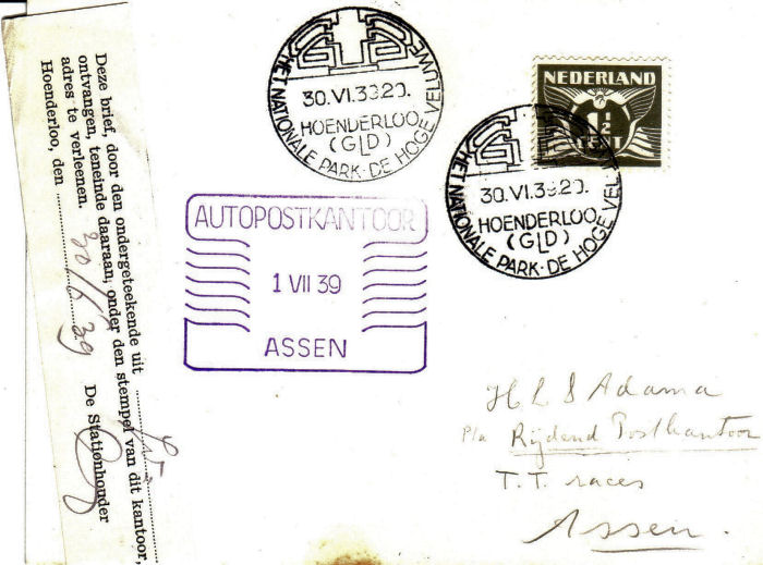 Brief gestuurd naar Autopostkantoor in Assen