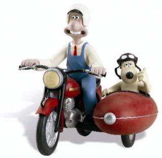 Wallace & Gromit op hun motor met zijspan
